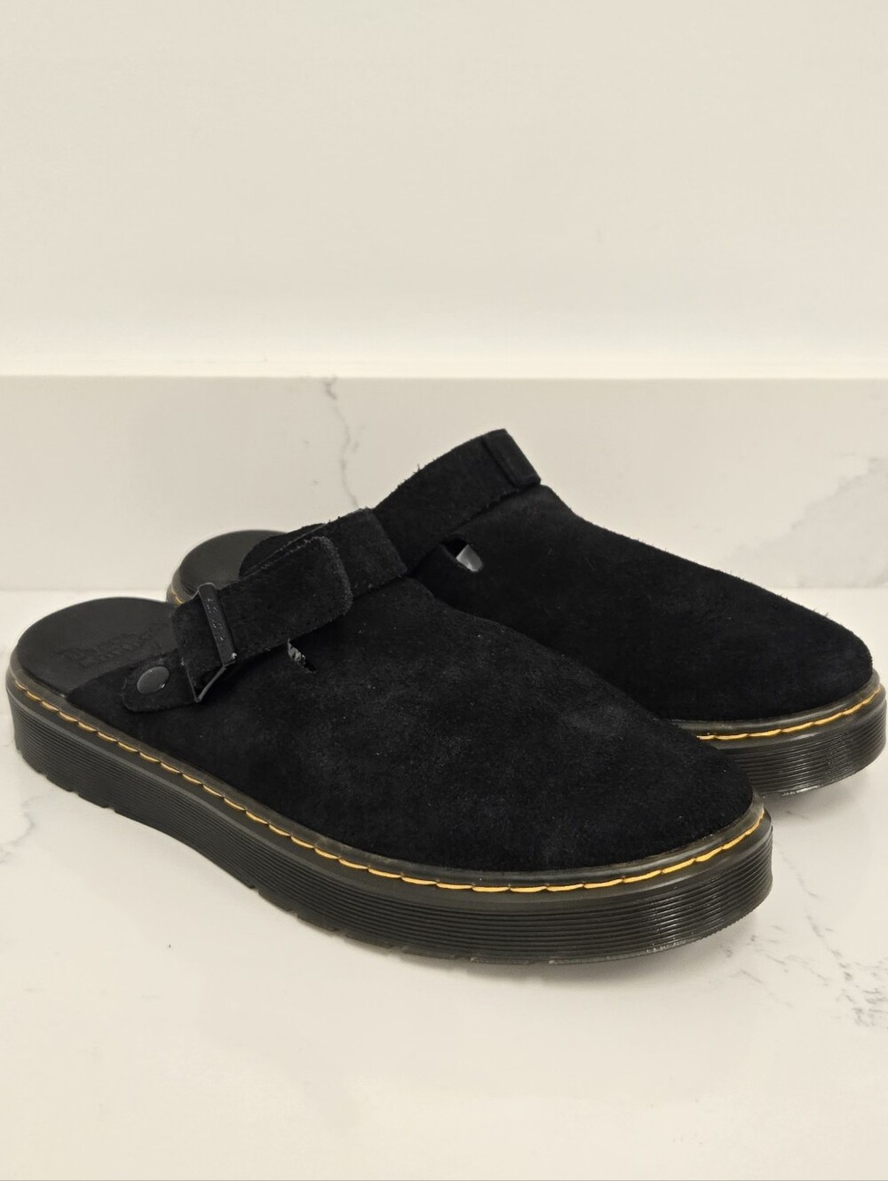 Dr. Martens Black Suede Clog Mules with Yellow Stitching